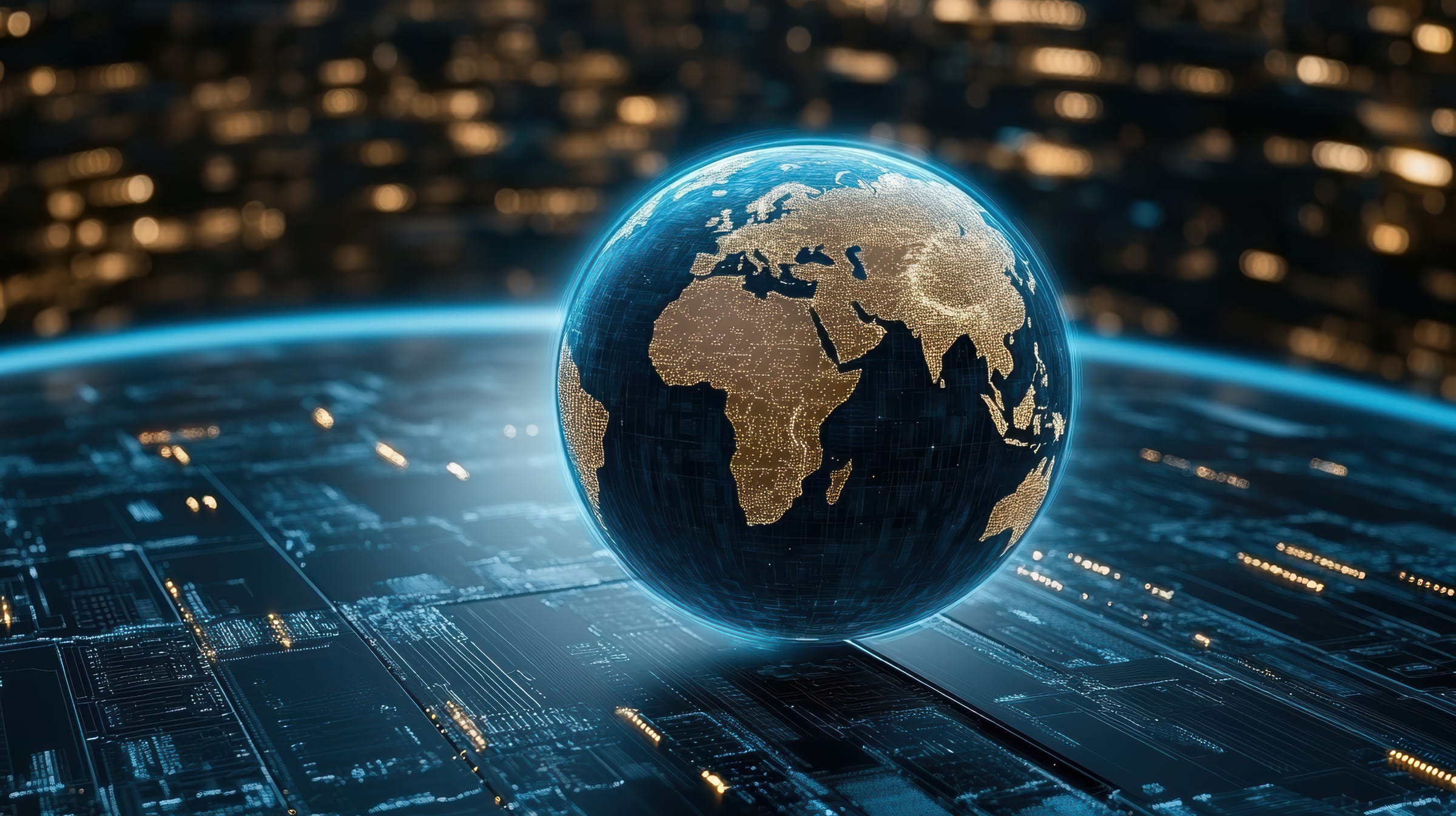 globe with glowing continents and circuit patterns